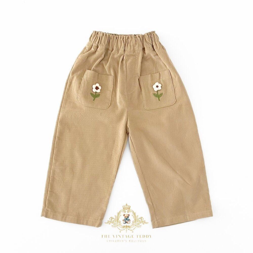 NWT Cute Girls Corduroy Pants Sweet Embroidered Flower Elastic Waistband Tan 3T
